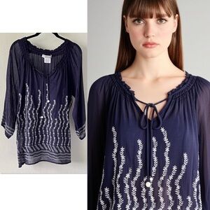 GRETCHEN SCOTT Navy Blue Floral Embroidered Boho Breezy Peasant Tunic